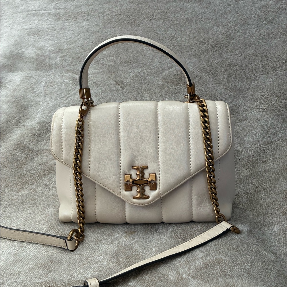 Tory Burch Cream Quilted Shoulder Bag with Gold Accents